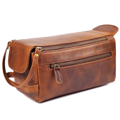Full Grain Leather Toiletry Kit for Men & Women – Travel Toiletries & Shaving Bag Organizer, Water-Resistant Grooming Case for Bathroom, Makeup & Cosmetic Storage - Rustic Brown - color: Rustic Brown