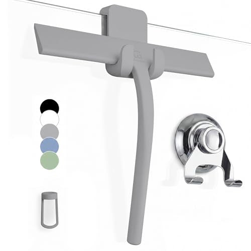 GÜTEWERK Silicone Shower Squeegee for Glass Doors & Mirrors with Stainless Steel Core, Streak-Free & No-Squeak Window Cleaning, 3-in-1 No-Drill Mount (Hook/Suction/Adhesive),Gray, 9 Inches - color: Gray, size: 9 Inches