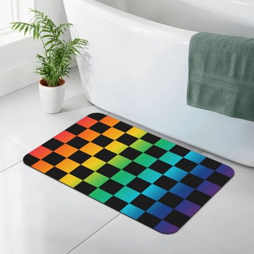 Black and Rainbow Checkered Bath Mat Rugs 15.7x23.6 in, Diatomaceous Earth Bathroom Rug Fit Under Door Rubber Non-Slip Absorbent Bathroom Mat for Bathroom Kitchen Floor, Tub and Shower Sink - color: Checkered #01