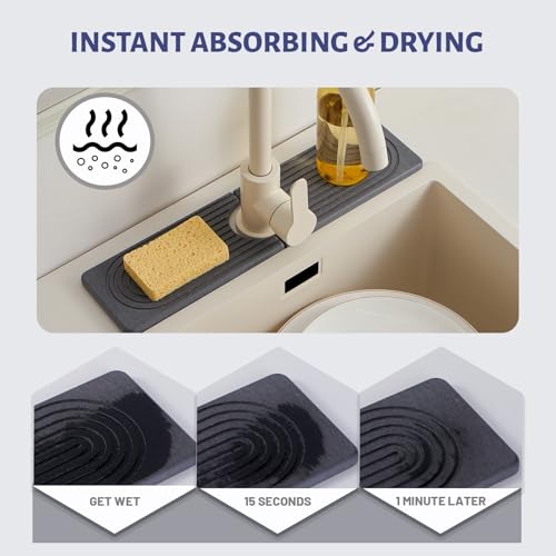Stone Faucet Mat for Kitchen Sink, Faucet Mat Fast Drying Diatomite, Sink Splash Guard Water Absorbing Stone Tray for Sink, Counter Protector for Kitchen & Bathroom - color: Dark Gray.15.8" x 3.9"