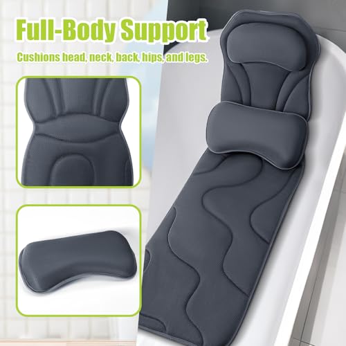 Full Body Bath Pillow for Tub - Extra Long & Thick Tub Pillow with Head, Back & Lumbar Support, 168 Non-Slip Suction Cups, Soft 5D Mesh Spa Cushion, Fits All Tubs-Gift for Soaking(Gray) - color: Grey