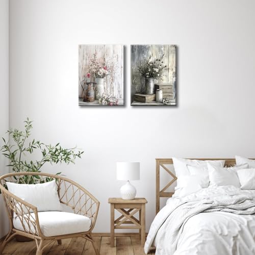 2Pcs Framed Rustic Farmhouse Bathroom Wall Art Vintage Country Floral Still Life Wall Decor pink White Daisy Canvas Painting Shabby Chic Flower Poster Print for Living Room Bedroom Kitchen 16x124n - color: Farmhouse Vase, size: 16x24 inches