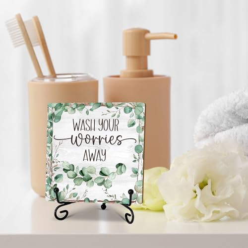 5" Greenery Bathroom Decor, Wash Your Worries Away Sign, Sage Green Bathroom Laundry Room Decor, Bathroom Guest Bathroom Decoration, Funny Toilet Bathroom Plaque Sign Table Shelf Decor-A02 - color: Wash Your Worries-02