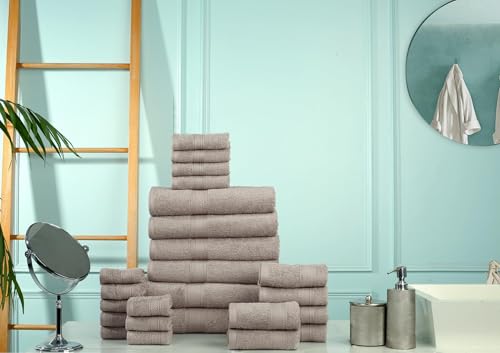 HILLFAIR 24 Piece Bath Towels Set for Bathroom- 100% Cotton 24 PC Bulk Pack Hotel Spa Towel Set- 2 XXL Oversized Big Towels, 4 Bath Towels, 6 Hand Towels, 4 Fingertip Towels, 8 Washcloths: Taupe - color: Stone, size: 24 PC Bath Towel Family Set