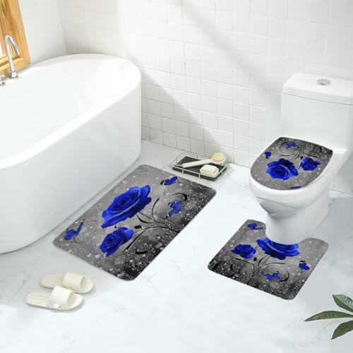 Royal Blue Rose Shower Curtain Set 4Pcs Floral Flower Butterfly Gray Grey Navy Antique Elegant Bathroom Curtains Toilet Lid Cover U Shaped Mat Non-Slip Rug Fabric Polyester 60x72 Inch - color: Royal Blue
