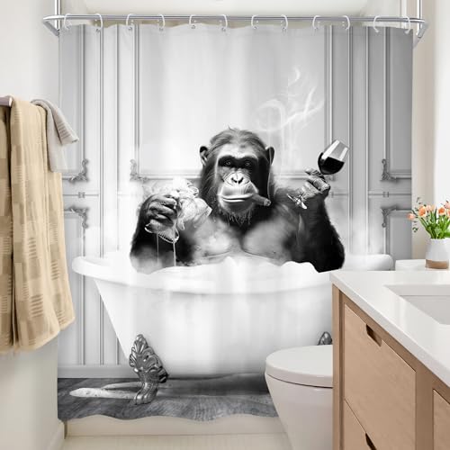 Newsely Funny Monkey Shower Curtain 72Wx72H Inch Chimpanzee in Bathtub Black White Animal Wildlife Boys Men Shower Curtain Bathroom Set Modern Cool Waterproof Bath Decoration Accessories Home Decor - color: A-monkey, size: 72"W x 72"L (Pack of 1)