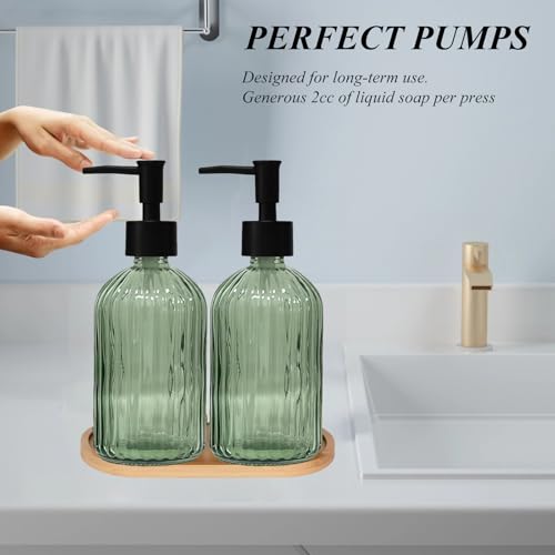Glass Hand and Dish Soap Dispenser Set of 2 with Plastic Pumps, Bamboo Tray, 13.5oz Green Bathroom Soap Dispenser with Vertical Stripe for Hand Wash & Dish Wash, Ideal for Bathroom Kitchen Countertop - color: Green