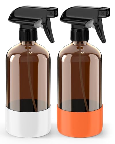Bontip Glass Spray Bottle with Silicone Sleeve Protection, Amber Glass Spray Bottle Set for Window Cleaner Aromatherapy Facial Hydration Watering Flowers Hair Care 2 Pack/16 oz (White & Orange, 16 oz) - color: White & Orange, size: 16 Ounces