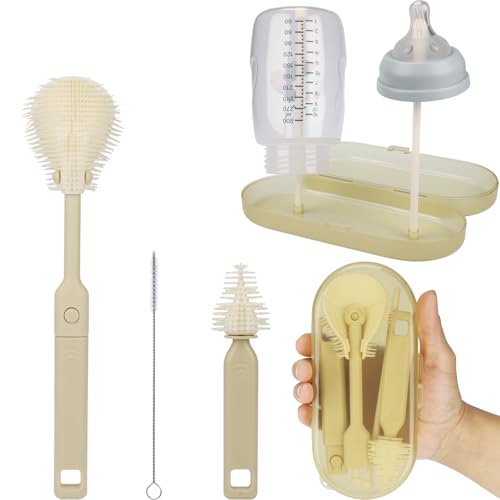 Portable Baby Bottle Brush Set – 5-in-1 Silicone Baby Bottle Cleaner Kit with Nipple Brush, Straw Brush, Drying Rack & Travel Case – BPA-Free, Bottle Washing Set for On-the-Go (Light Yellow) - color: Light Yellow