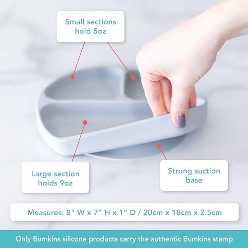 Bumkins Toddler and Baby Suction Plate, Divided Grip Dish for Babies and Kids, Baby Led Weaning, Feeding Supplies, Sticks to Tables and Highchairs, Platinum Silicone, for Chidren 6 Months, Gray - color: E2 Gray-GD