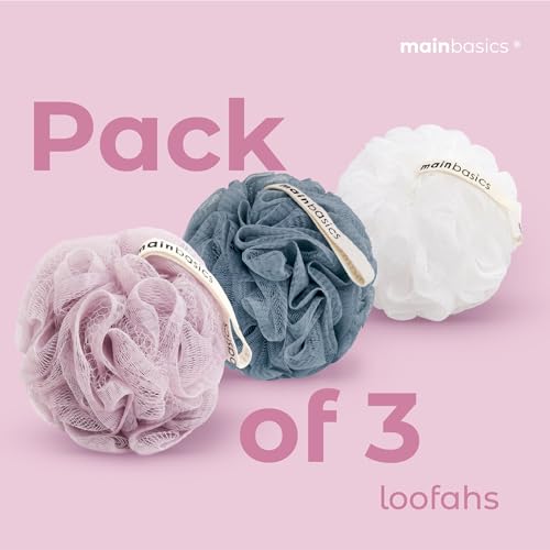 MainBasics Shower Loofah Sponge Pouf, Set of 3, Airy Blossom | Soft Mesh Body Scrubber and Bath Sponge for Gentle Exfoliation, Rich Lather, and Everyday Shower Use - style: Airy Blossom
