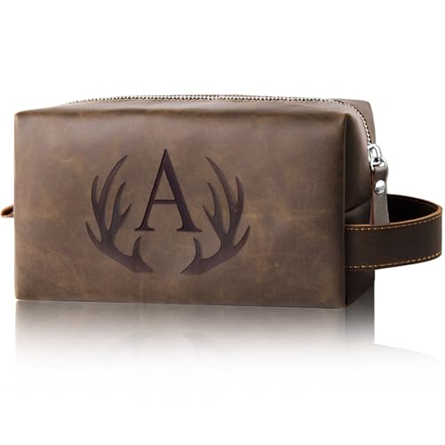 Personalized Toiletry Bag for Men Engraved Initial Cool Gifts for Dad Husband Boyfriend Grandpa Son PU Leather Waterproof Shaving Bag for Toiletries Accessories Travel Essentials (A) - color: Dark Brown, style: A