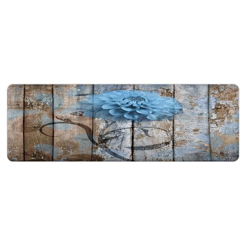Farmhouse Floral Flower Bath Mat, Dahlia Rustic Wooden Plank Country Barn Wood Blue Flower Non-Slip Flannel Soft Doormat Floor Entryways Outdoor Indoor Front Door Mat, (16X48) - color: Blue, size: 1'4" x 4' (Rectangular)