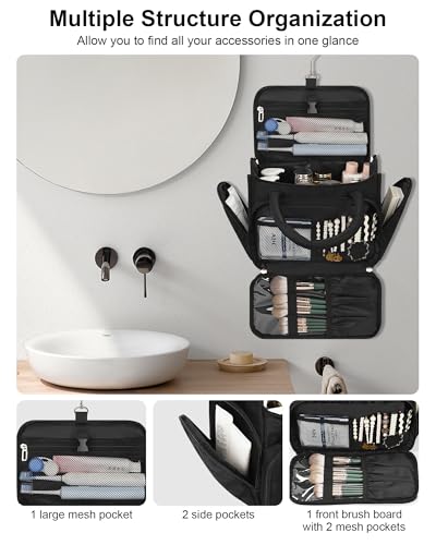Travel Toiletry Bag for Women with Hanging Hook, Large Wide-open Travel Bag with 2 Removable Dividers, Puffy Makeup Bag Organizer with Compartments for Full Sized Container, Cosmetics, Toiletries - color: Black, size: X Large