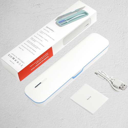 UV Toothbrush Sanitizer and Holder, Portable Travel Case and Cover, Toothbrush Cleaner Powered by AA Battery or USB-C, Fits Most Brushes - color: White-Blue