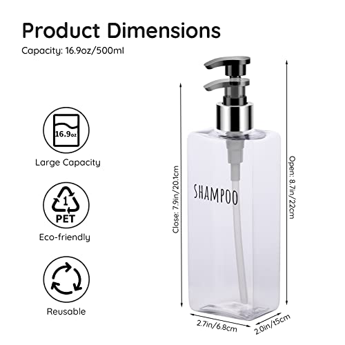 Segbeauty 3pcs Clear Soap Dispenser, 16.9oz Refillable Shampoo Conditioner Bottles, 500ml Empty Plastic Square Body Wash Dispenser for Shower Bathroom Press Pump Bottle Liquid Container Set - color: Clear, style: 16.9oz-Silver Pump