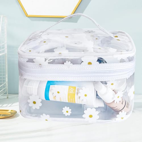 Clear White Flower Cosmetic Bag and Travel Pouch with Handle 8.66 * 5.51 * 5.51inch-Durable PVC Material,Versatile,Zipper Design for Smooth Sliding-Ideal for Makeup,Travel Essentials - color: White Flower#1