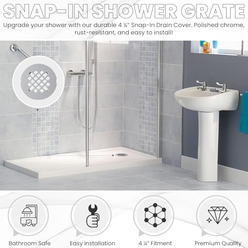 4 ¼” Chrome Snap-in Shower Drain Cover -Solid Brass Construction - 4.25" OD Premium Round Grate Strainer - Easy Install - Professional Grade and Durability - Polished Finish - color: Chrome