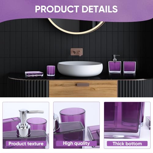 LGURT 4-Piece Purple Acrylic Bathroom Accessories Set — Soap Dispenser, Toothbrush Holder, Soap Dish & Mouthwash Cup, Purple Decor for Bathroom Vanity - color: Classic Purple