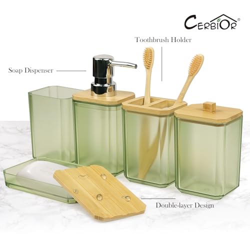 CERBIOR Bathroom Accessories Set 7 Piece Bath Ensemble Includes Soap Dispenser, Toothbrush Holder, Toothbrush Cup, Soap Dish for Decorative Countertop and Housewarming Gift (Green) - style: Green