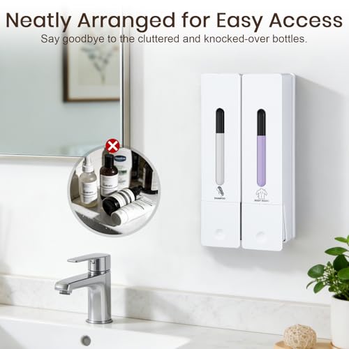 2 Chamber Shampoo and Conditioner Dispenser, No Drill - Wall Mounted Shower Soap Dispenser, Refillable Body Wash Dispenser Set 2, 800ML Capacity, for Bathroom & Hotel, White - color: White Set of 2
