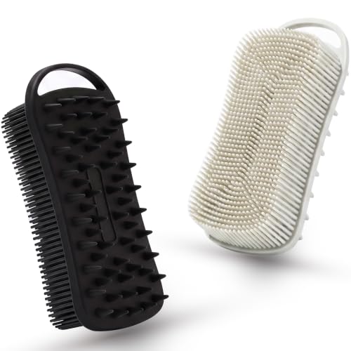 MtBoi 2 PC Silicone Body Scrubber, 2 in 1 Exfoliating Shower Bath Scrubber, Soft Silicone Loofah for Sensitive Skin, Shower Hair Scalp Massager, Easy to Clean, Lather Well (Grey&Black) - color: Grey&black
