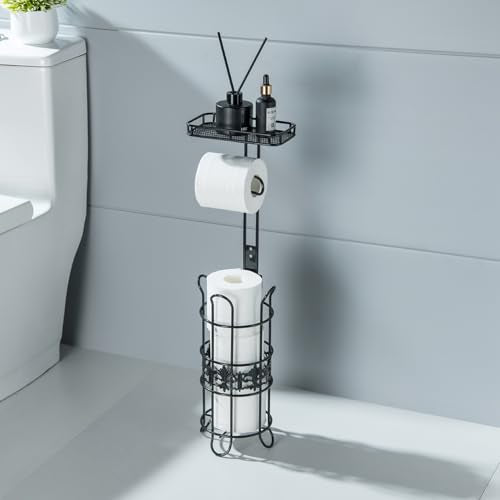 Toilet Paper Holder Free Standing, Adjustable Height, Tissue Paper Roll Dispenser with Shelf for Bathroom Storage Holds Reserve Mega Rolls Black - color: Black