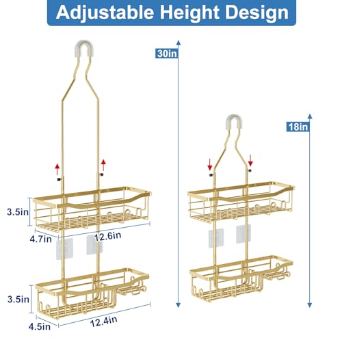 Shower Caddy, Extended Length Shower Organizer with Hooks, Rustproof Shampoo Soap Holder, Large Hanging Bathroom Caddy, Gold - color: Gold - 2 Tier - Standard