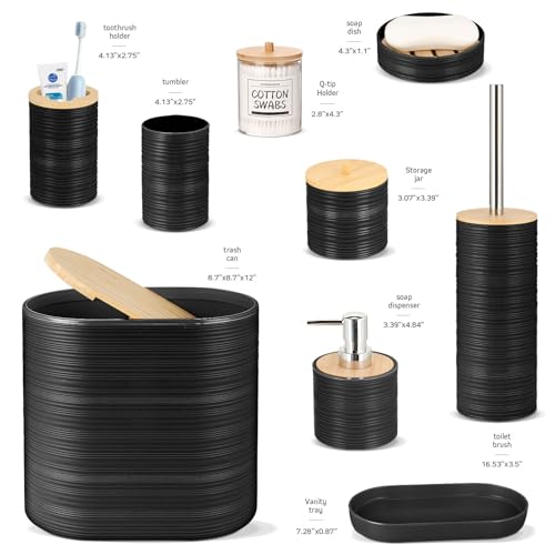 IMAVO Bathroom Accessory Set-11Pcs Black Bathroom Accessories Set with Trash Can,Soap Dispenser,Soap Dish,Toothbrush Holder,Toothbrush Cup,Toilet Brush Holder,Qtip Holder Dispenser with Labels - color: Black, size: 11 PCS Bathroom Set