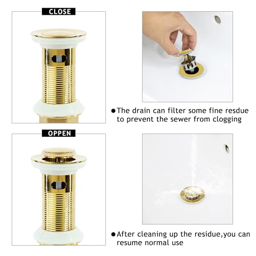 Bathroom Sink Drain,2 Pack Gold Stainless Steel Bathroom Drain Stopper with Overflow,Small Cap Pop Up Drain Assembly with Detachable Strainer Basket,Built-in Anti-Clogging - color: 2 Pack-gold-small Cap, style: With Overflow