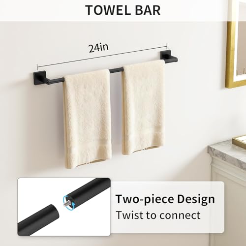 KLJKPA Black Bathroom Accessories Set, 24 inch Towel Racks for Bathroom, Stainless Steel Bathroom Hardware Set, Wall Mounted, 4-Piece - color: Black