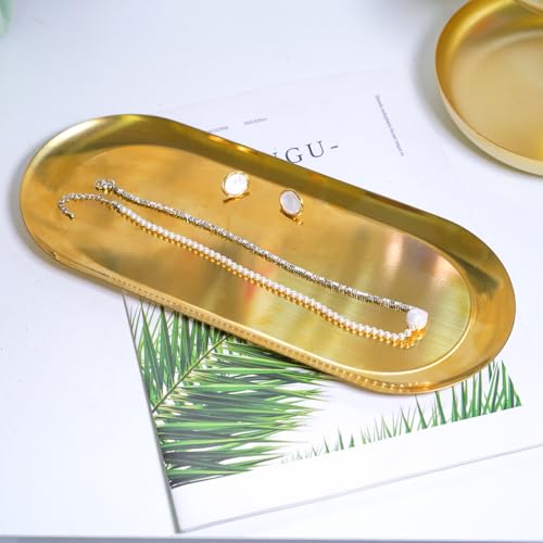 12inch Large Decorative Tray, Thicken Stainless Steel Bathroom Vanity Tray for Dresser Counter, Oval Jewelry Perfume Cosmetics Trays Organizer (Gold) - color: Gold