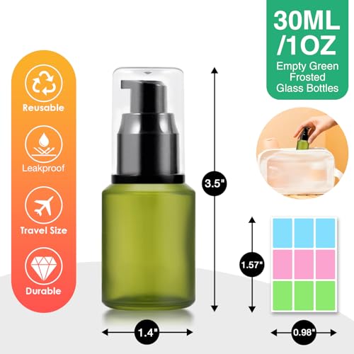 1oz Frosted Glass Pump Bottle Dispenser, 3pcs Empty Travel Size Bottles with Pump, 30ml Refillable Travel Lotion Container, Mini Liquid Containers for Creams Oils Bottle in Mixed Color - color: Green Pink Brown, size: 1 Ounce