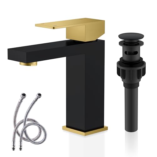 KENES Single Handle Bathroom Sink Faucet, Black and Gold Bathroom Faucets Single Hole, Vanity Faucet with Pop Up Drain and Supply Lines, Matte Black/Brushed Gold LJ-9031-BG - color: Black & Gold, size: Short
