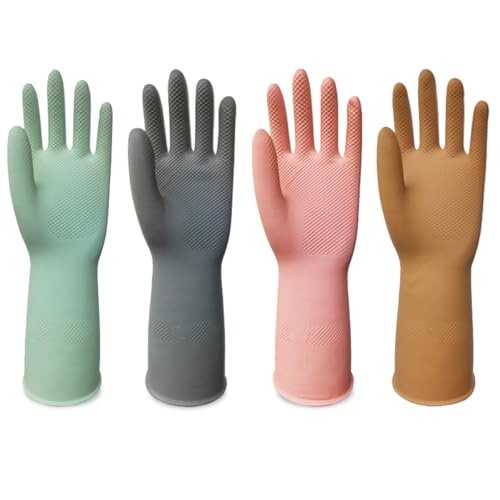DOSEWART 4 Pairs Rubber Cleaning Gloves, Dishwashing Kitchen Gloves for Washing Dishes Non-Slip Grip Design for Cleaning