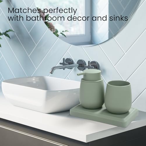 Bathroom Accessories Set, Modern 3 Pcs Bathroom Essentials - Soap Dispenser, Toothbrush Holder & Tray, Countertop Vanity Organizer (Green) - color: Green