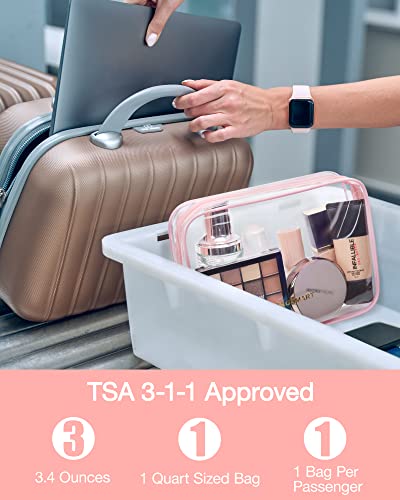 BAGSMART Clear Toiletry Bag, 3 Pack TSA Approved Travel Toiletry bag Carry on Travel Accessories Bag Airport Airline Quart Size Bags Water Repellent Makeup Cosmetic Bag for Women (Pink-3pcs) - color: Candy Pink, size: 3 Pack, Medium