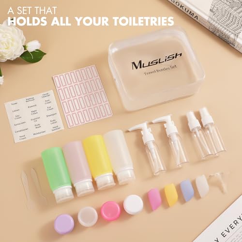 Muslish 21 Pack Leak Proof Silicone Travel Bottles Set, TSA Approved Containers for Toiletries, Travel Size Accessories and Shampoo Conditioner Bottles with Toiletry Bag (BPA Free) - color: Multi-color