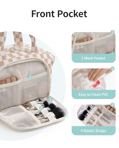 Narwey Travel Toiletry Bag for Women, Checkered Large Makeup Bag, Wide Open Cosmetic Make Up Organizer, Wet Pocket for Towel, Travel Bag for Toiletries, Brushes, Essentials (Light Brown Checker) - color: Light Brown Checkerboard