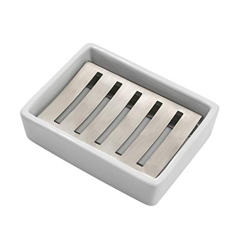 TOPSKY Ceramic Soap Dish Holder Stainless Steel for Bathroom, Double Layer, Self-draining Soap Tray, Say No to Mushy Soap, Easy Cleaning. (White)