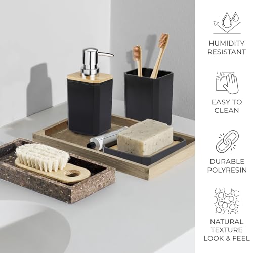 CERBIOR Bathroom Accessories Set 7 Piece Bath Ensemble Includes Soap Dispenser, Toothbrush Holder, Toothbrush Cup, Soap Dish for Decorative Countertop and Housewarming Gift (Black) - style: Black