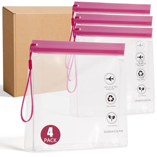 Reusable Quart Size TSA-Approved Toiletry Bag with Gusseted Bottom, Clear Makeup Cosmetic Bag Organizer, 4-Pack of 16 mil Quart Size Travel Bag for Toiletries, Carry-on Travel Accessories Essentials - color: Pink