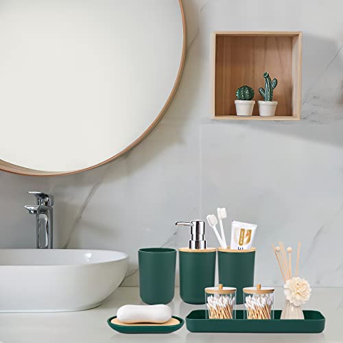 SLDIYWOW 9-Piece Dark Green Bathroom Accessories Set with Trash Can, Tray, Soap Dispenser, Toothbrush Holder, Toothbrush Cup, Soap Dish, Toilet Brush and Q-tip Holders for Bathroom/Housewarming - color: Dark Green