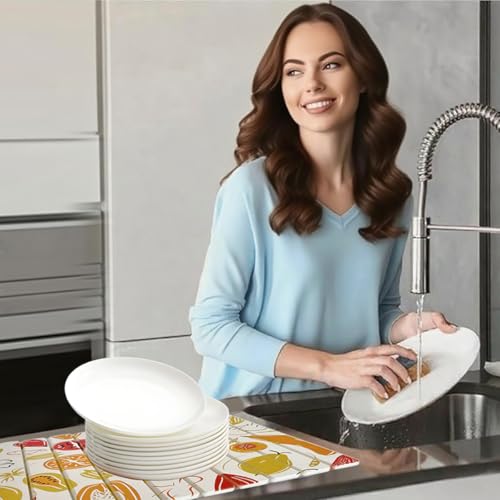 Large Stone Drying Mat for Kitchen Counter, 24"x16" Fast-Drying Super-Absorbent Diatomaceous Dish Drying Mat, Collapsible Dish Drying Stone for Dishes, Bottles, Cups, Any Countertop - color: Colorful fruits