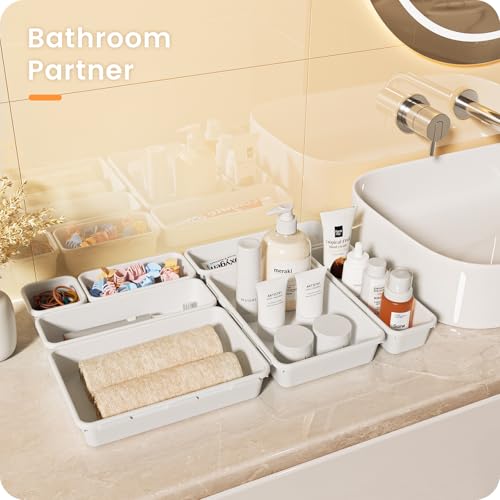 【Military Grade】A-LuGei Drawer Organizer,【𝟱𝗦𝗶𝘇𝗲】Makeup organizer,【Holds 177 Items】Bathroom Organizers and Storage,Organization and Storage,Desk Drawer Organizer for Vanity【White】 - color: White