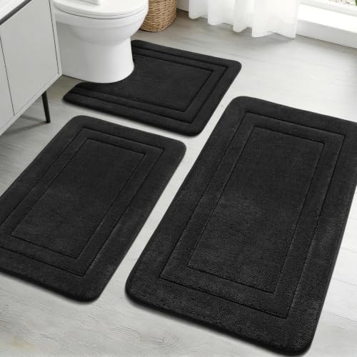 YIHOUSE Bathroom Rugs Sets 3 Piece, Towel-Like Soft Absorbent Thick High Density Memory Foam Bath Mat Set, Non-Slip Machine Washable Bath Rugs for Bathroom, Tub & Shower, Black - color: Black, size: 1'8" x 2'8" (3 pieces)