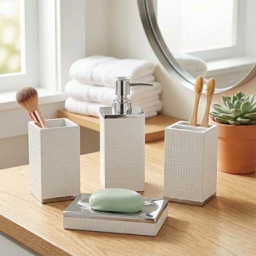 Creative Scents Estella White 4 Piece Resin Bathroom Accessories Set | Includes Soap Dispenser, Toothbrush Holder, Tumbler Cup & Soap Dish - style: 4 Piece Set