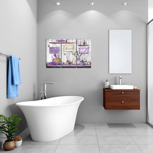 sechars Bathroom Wall Art Relax Unwind Soak Signs Canvas Prints Lavender Spa Decor, 8x16 Inches Each, Framed (Purple) - color: Purple