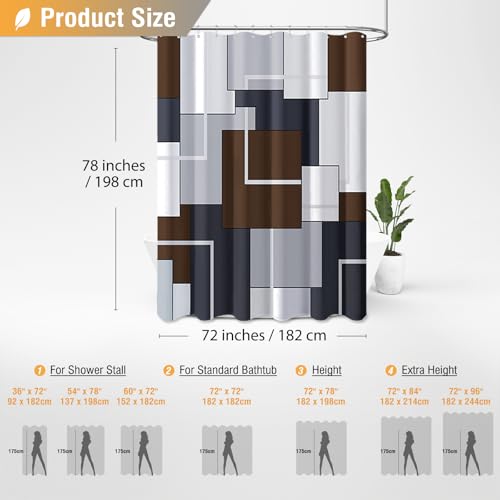 BTTN 78 Inches Long Shower Curtain, Tall Geometric Abstract Fabric Shower Curtain Set with Plastic Hooks, Large Modern Luxury Neutral Cloth Curtains for Bathroom Shower and Bathtubs - 72x78 - Brown - color: Brown, size: 72"W x 78"L (Pack of 1)