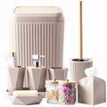 Beige Bathroom Accessories Set, 10 Pieces Bamboo Bathroom Set with Trash Can, Tray, Soap Dispenser, Soap Dish, Toothbrush Holder, Toothbrush Cup, Tissue Holder, Toilet Brush and Qtip Holders - color: Beige